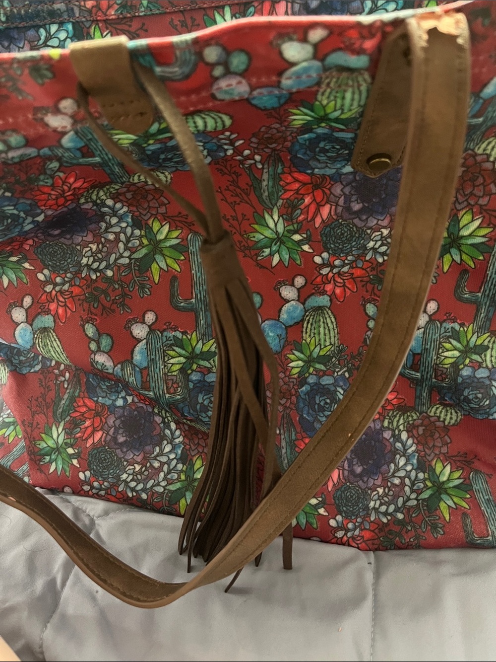 Floral Cactus Tote Bag with Tassel Strap - Red